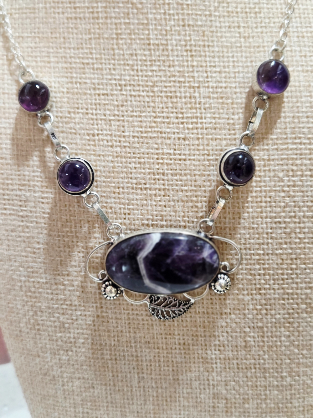 Silver-Tone Chevron Amethyst Statement Necklace - Purple